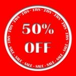 White 50% Off Sign On Red Background
