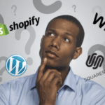Man Thinking About Wix, Shopify, Wordpress, And Squarespace Logos